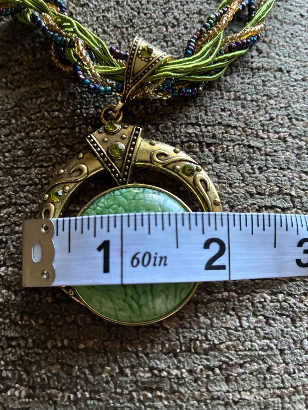 Green Multi-Strand Beaded Necklace with Antique Gold Pendant - Unbranded